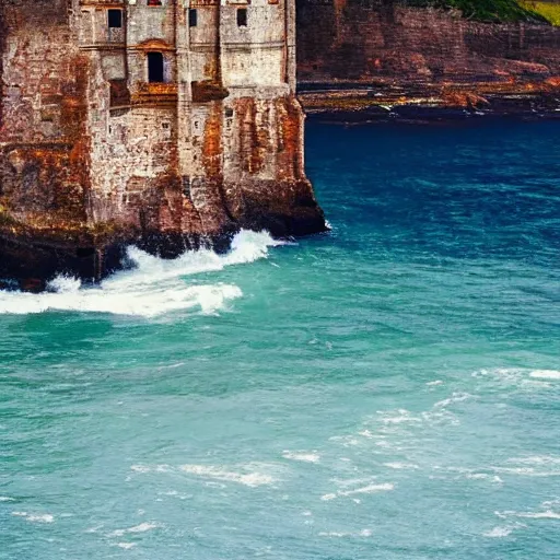 Prompt: watercoulour of a castle on the edge of an ocean cliff