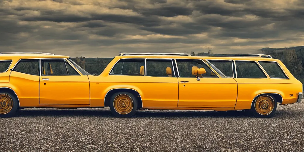 Image similar to 1 9 7 3 ford pinto stationwagon, yellow - orange color, wide - angle lens, dramatic lighting, cool marketing photo