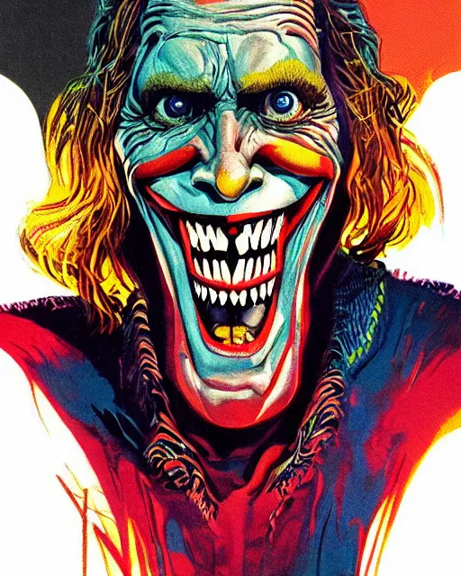 Image similar to willem dafoe as the joker, big smile, grotesque, horror, high details, bright colors, striking, intricate details, by vincent di fate, artgerm julie bell beeple, 1 9 8 0 s, inking, vintage 8 0 s print, screen print