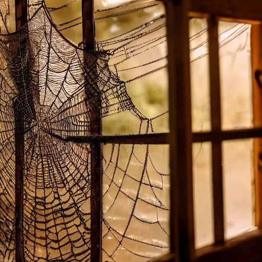 Prompt: a film production still, 2 8 mm, wide shot of a cabin interior, wooden furniture, cobwebs, spiderwebs, dynamic volumetric lighting, abandoned, depth of field, cinematic