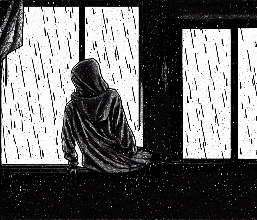 Image similar to sadie sink in hoodie sits on windowsill, knees tucked in as rain falls at night : b & w storyboard drawing, scifi cyberpunk. by gabriel hardman, joe alves, chris bonura. cinematic atmosphere, detailed and intricate, perfect anatomy