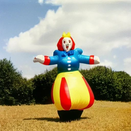 Image similar to middle-aged woman dressed as an inflatable toy, in the countryside 1979 arthouse film, archival footage, technicolor film expired film