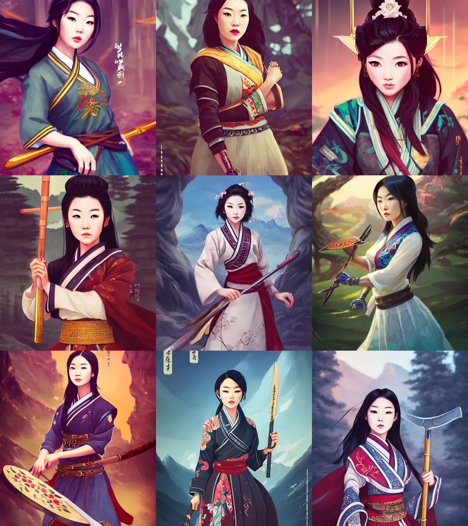 Prompt: a portrait of arden cho chef character in a scenic korean city environment by ross tran and loish, sharp focus, detailed, cinematic, hanbok, ornate korean polearm behind her