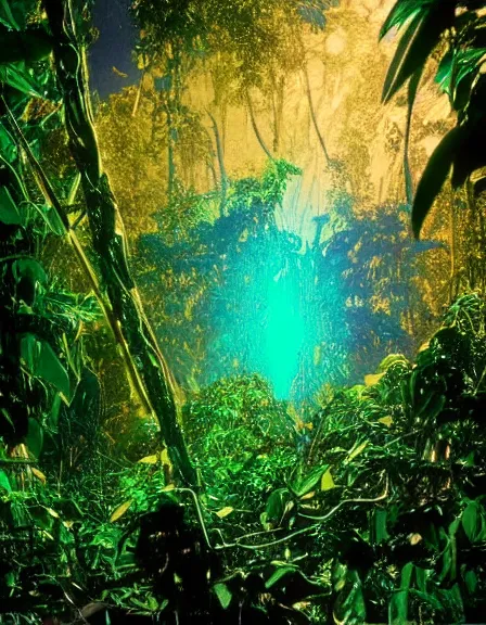 Image similar to vintage color photo of a giant 1 1 0 million years old abstract sculpture made of light rays and liquid gold covered by the jungle vines