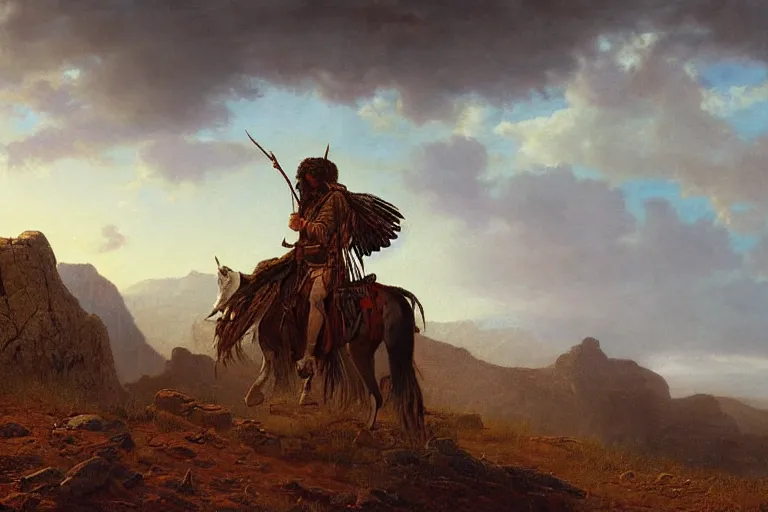 Prompt: a full length painting of a rugged looking American native Apache warrior with an eagle feather in his braided head-ban sitting on his horse overlooking a rugged New Mexico background, in the style of Albert Bierstadt, insanely detailed, extremely moody lighting, glowing light and shadow, atmospheric