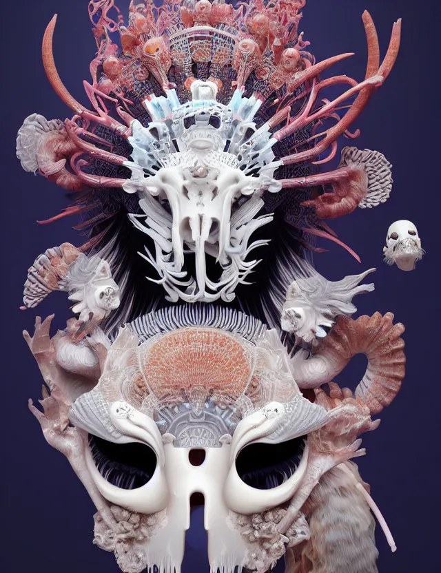 Image similar to 3 d goddess close - up frontal portrait with ram skull. beautiful intricately detailed japanese crow kitsune mask and clasical japanese kimono. betta fish, jellyfish phoenix, bio luminescent, plasma, ice, water, wind, creature, artwork by tooth wu and wlop and beeple and greg rutkowski