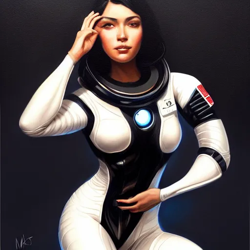 Image similar to a portrait of a very beautiful woman in a spacesuit, Alexandria's genesis, shoulder-length black hair, bored, illustration, soft lighting, soft details, painting oil on canvas by mark arian by artgerm, trending on artstation, 4k, 8k, HD