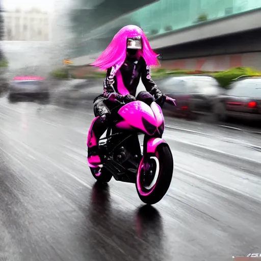 Prompt: hyper realistic, photo, humanoid pink female Squid girl, popping motorcycle wheelie on fast in the rainy city traffic