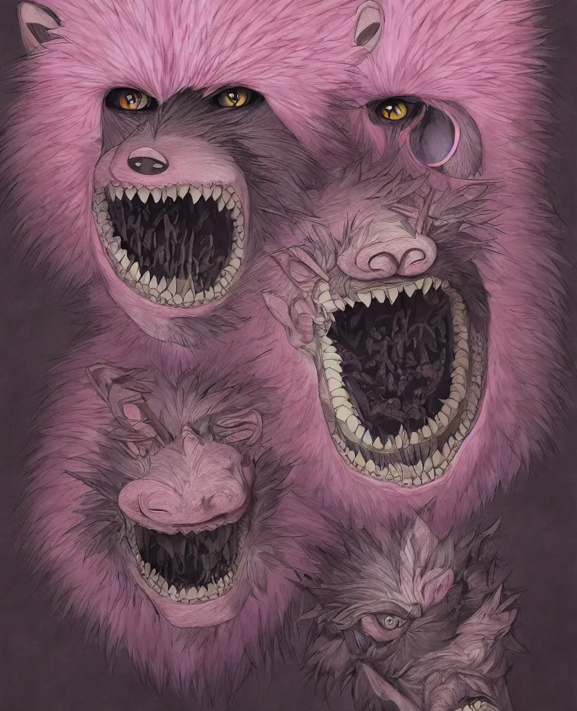 Prompt: beautiful painting from the anime film by studio ghibli, pink anthropomorphic werewolf human hybrid, drooling teeth bared, fur, trending on artstation, by raqib shaw and MC Escher