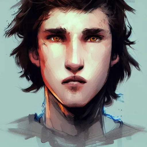 Image similar to portrait of a masculine teenage girl with blue eyes and brown hair, short men's haircut, with a big nose, smiling, wearing an oversized sweater, dramatic lighting, illustration by Greg rutkowski, yoji shinkawa, 4k, digital art, concept art, trending on artstation