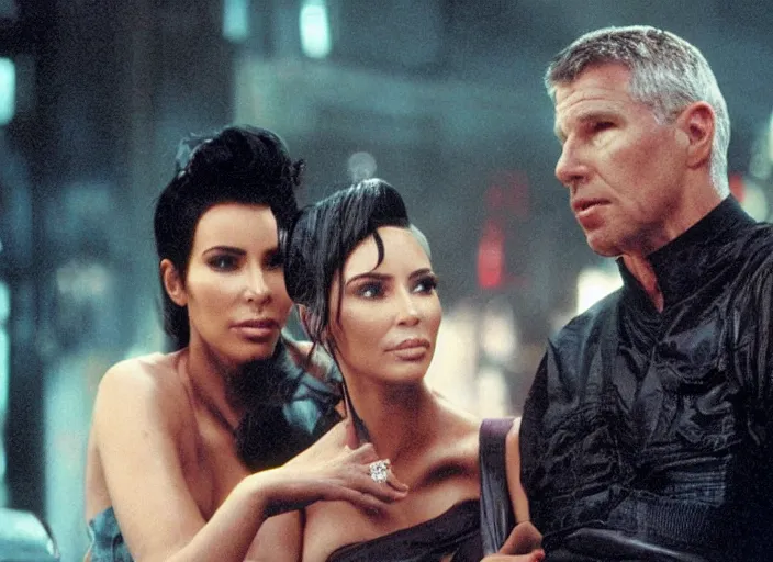 Image similar to a movie still of kim kardashian sitting with rick deckard in blade runner