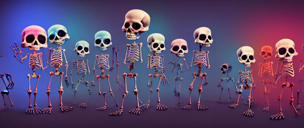 Image similar to hyperrealistic very cute multicolored skeletons breaking bones jason limon concept art dramatic blue lighting wide angle hd 8k sharp shallow depth of field