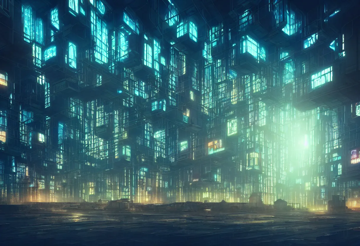 Image similar to inside of dystopian future cityscape with hundreds of illuminated windows and signs, of human mind and imagination, matte painting, beautiful render, octane render, concept art