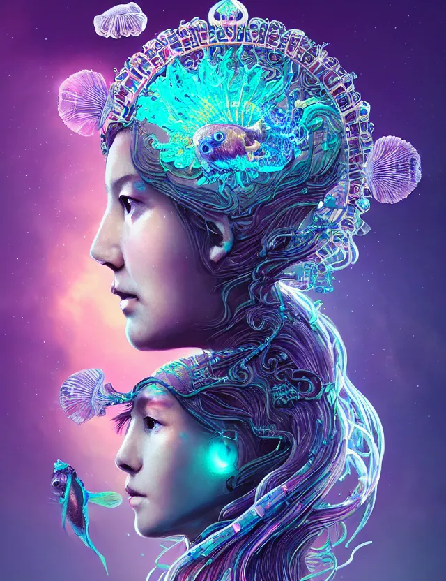 Prompt: goddess macro 3 / 4 profile portrait with crown made of ram skull. betta fish, jellyfish phoenix, bioluminiscent, plasma, ice, water, wind, creature, super intricate ornaments artwork by tooth wu and wlop and beeple and greg rutkowski