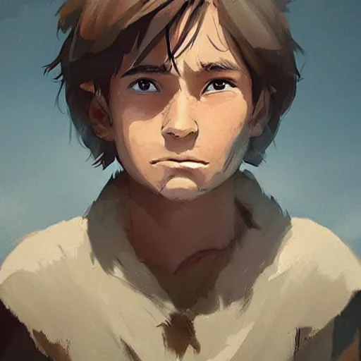 Prompt: Jake the 12 year old boy from the stone age,detailed face, cute face,epic,by rossdraws and greg rutkowski,wearing cave man clothes, concept art,