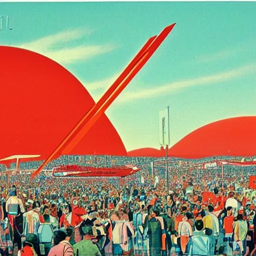 Image similar to A busy, crowded festival on Mars with 2 million people, 80's style retro futuristic art