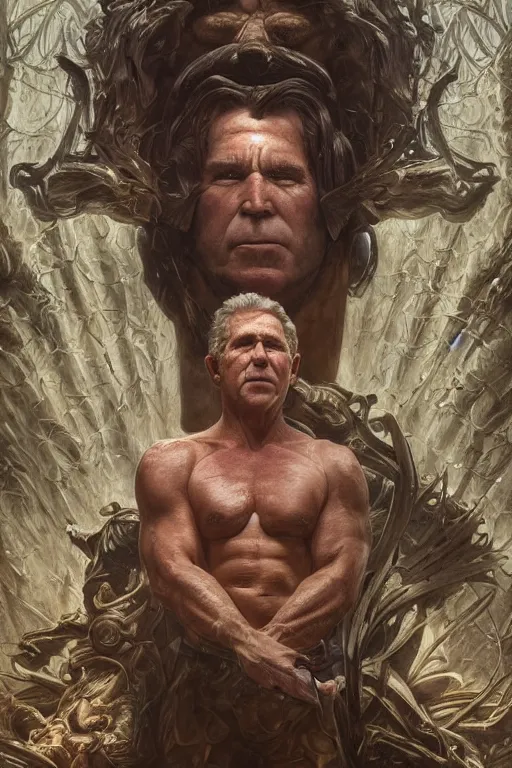 Image similar to portrait of george w bush as a hulking herculean demon, forest, godlike, full body, fantasy, intricate, elegant, highly detailed, digital painting, artstation, concept art, sharp focus, illustration, art by artgerm and greg rutkowski and alphonse mucha