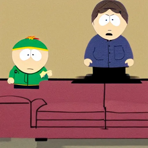 Prompt: south park rob schneider is inside a giant stapler sitting on a long couch