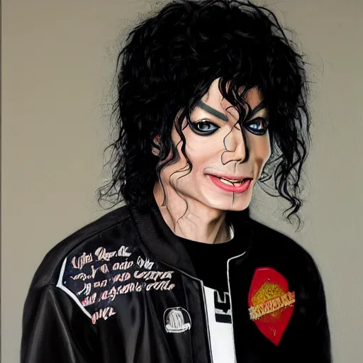 Prompt: an oil painting of a michael jackson wearing a old school highschool hiphop jacket, by artgerm, hd, hdr, ue 5, ue 6, unreal engine 5, realistic anime 3 d style, cinematic 4 k wallpaper, 8 k, ultra detailed, gta cover art, high resolution, artstation, award winning