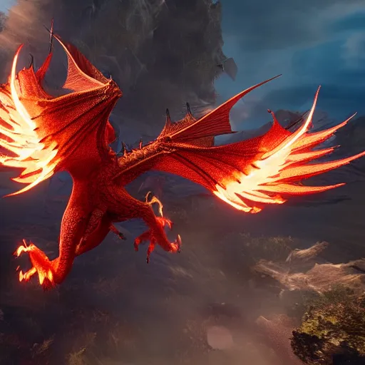 Image similar to Flying dragon fire breath, unreal engine