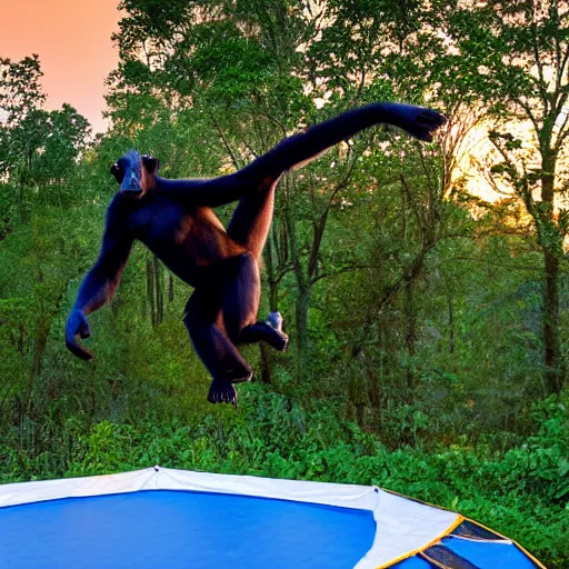 Prompt: chimpanzee jumping on a trampoline, sunset, trees in the distance, another chimpanzee stands near by