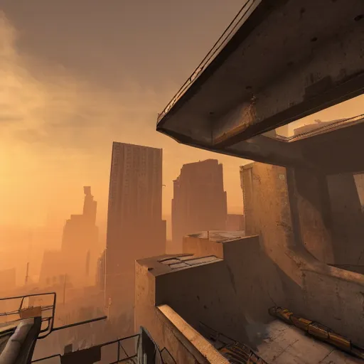 Image similar to a Half life 2 level, from the 2004 PC game Half life, brutalist architecture, stunning volumetric light, sunset, stunning skies, majestic landscape, trending on Artstation, 8k, photorealistic, hyper detailed, unreal engine 5, IMAX quality, cinematic, epic lighting, in the style of Viktor Antonov