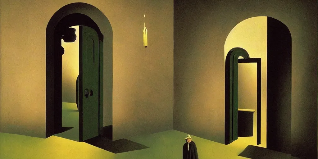 Image similar to A door that opens to another dimension by Richard Corben, by by René Magritte, surrealism, gothic, baroque