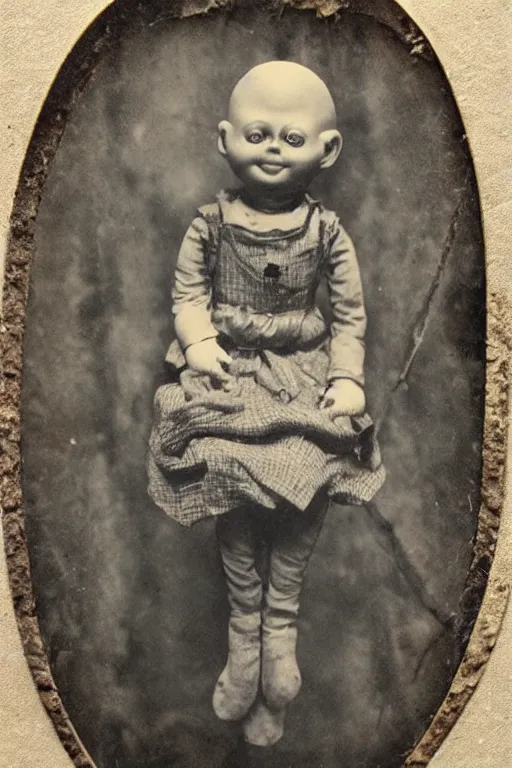 Image similar to dirty cracked crying vintage evil bald doll sitting in dirt basement cobwebs tintype photo