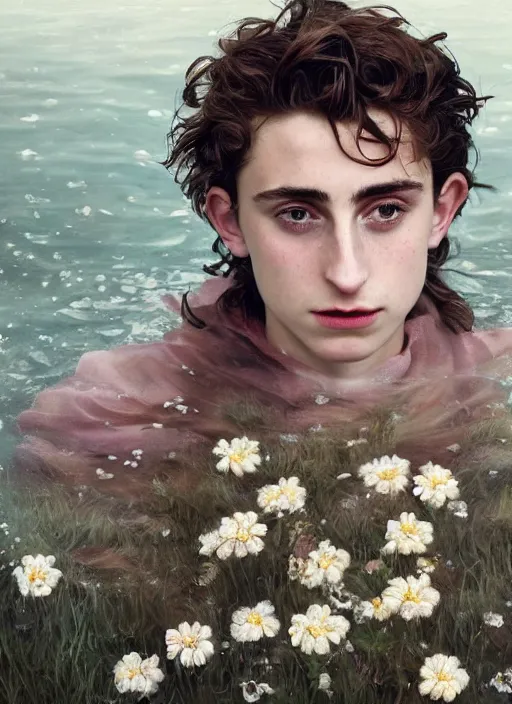 Prompt: Kodak Portra 400, 8K,ARTSTATION, Caroline Gariba, soft light, volumetric lighting, highly detailed, britt marling style 3/4 , extreme Close-up portrait photography of a Timothee Chalamet hiding in flowers how pre-Raphaelites with his eyes closed,inspired by Ophelia paint, his face is under water Pamukkale, face above water in soapy bath tub, hair are intricate with highly detailed realistic , Realistic, Refined, Highly Detailed, interstellar outdoor soft pastel lighting colors scheme, outdoor fine photography, Hyper realistic, photo realistic