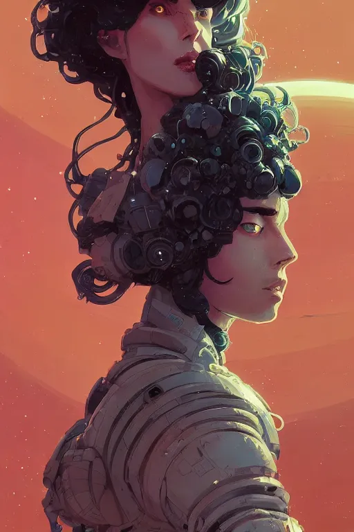 Prompt: highly detailed portrait of sci - fi long curly blue haired lady by atey ghailan, james gilleard, by joe fenton, by greg rutkowski, by greg tocchini, by kaethe butcher, 4 k resolution, gradient red, orange, black and white color scheme!!! ( ( nebula dystopian city spiral background ) )