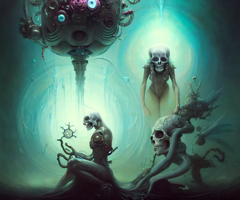 Prompt: mix media, biomecanical cyber alian of the whiched,, artwork by charlie bowater and tom bagshaw, insanely detailed, artstation, psychedelic art. atoms surrounded by skulls and spirits deep under the sea, horror, sci - fi, surrealist painting, by peter mohrbacher anato finnstark