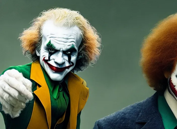 Image similar to film still of Bob Ross as Joke in the new Joker movie, 4k