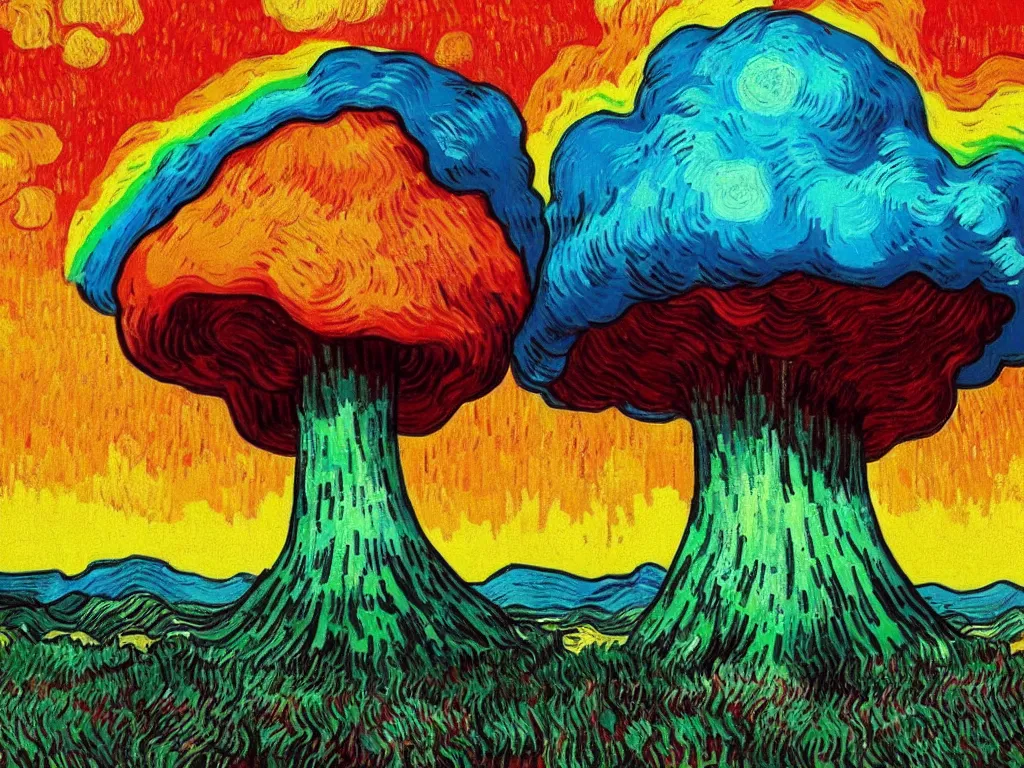 Prompt: a rainbow nuclear mushroom cloud in wastelands, detailed, trending on artstation, by vincent van gogh and dan mumford,