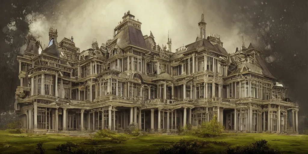Image similar to a geometrically accurate painting of a late Victorian mansion designed by Joseph Paxton, illustration by Peter Mohrbacher and Peter Gric