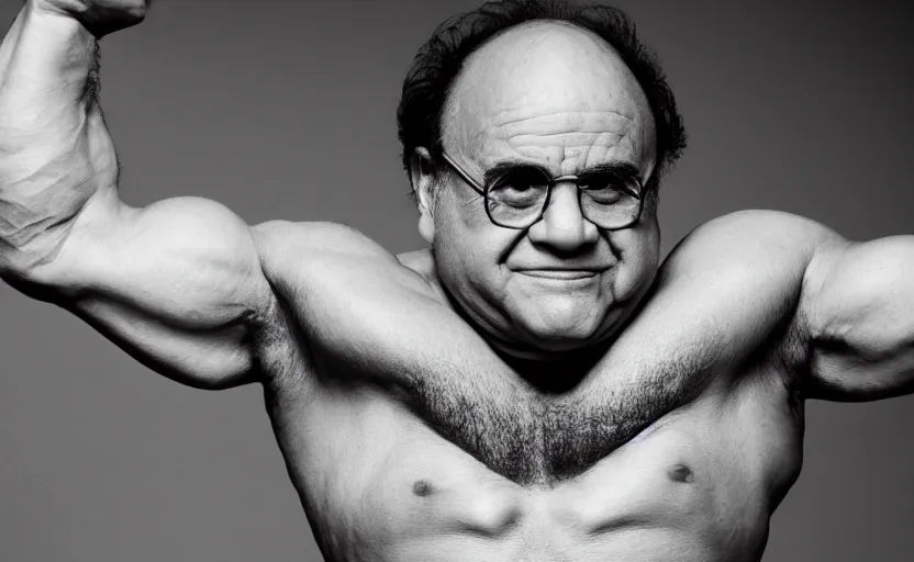 Prompt: a photoshoot of a young and extremely buff danny devito flexing his muscles, dramatic, studio lighting, black and white