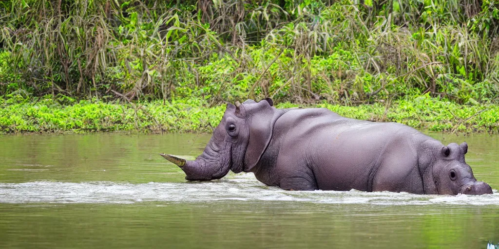 Image similar to a single hippo in a river in the jungle. the hippo has a rhino's horn and an elephant's trunk. extremely high fidelity, natural lighting