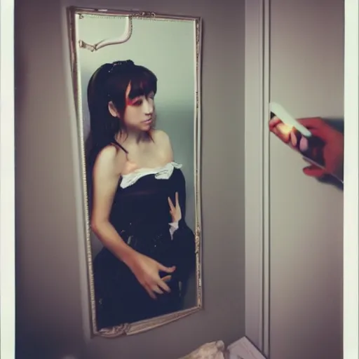 Image similar to a woman taking a picture of herself in a mirror, a polaroid photo by sailor moon, reddit contest winner, rococo, feminine, full body, low contrast