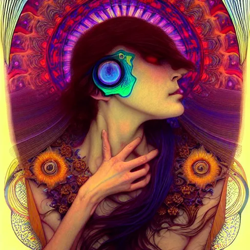 Image similar to An extremely psychedelic experience, reality bending, colorful, surreal, magic mushrooms, psilocybin, LSD, face, detailed, intricate, elegant, highly detailed, digital painting, artstation, concept art, smooth, sharp focus, illustration, art by Krenz Cushart and Artem Demura and alphonse mucha