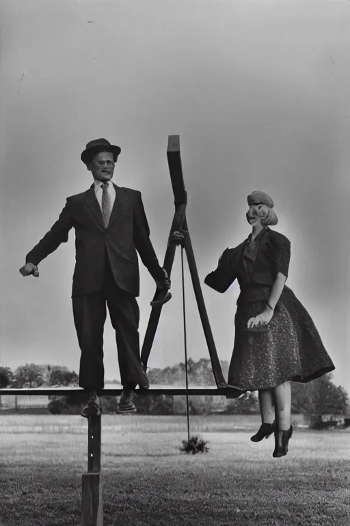 Image similar to a seesaw with a businesswoman on the left and cash on the right, photographed by Diane Arbus