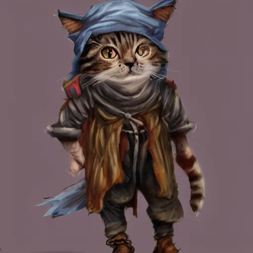 Image similar to dirty homeless humanoid cat wearing rags, concept art, d & d, fantasy, trending on artstation