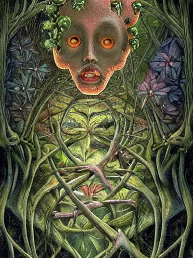 Image similar to The Hanging-Gardens of Pareidolia, ivy, verbena and pothos growing facial features and optical-illusions!!!!!, aesthetic, by Gerald Brom in the style of Johfra Bosschart in the style of,