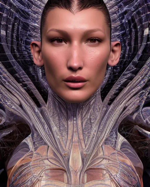 Image similar to a highly detailed metahuman 8 k close up render of bella hadid as alex grey art renaissance in iris van herpen dress trending on artstation made in unreal engine 4