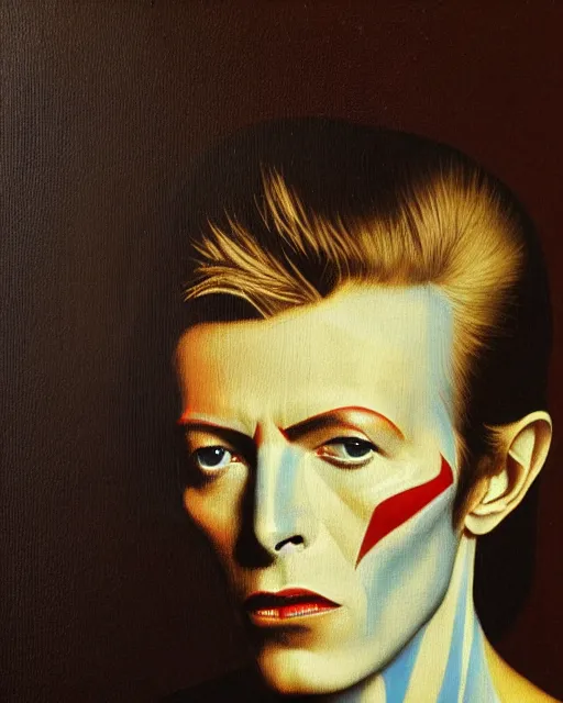 Prompt: a beautiful oil painting of david bowie by jean auguste dominique ingres by lee madgewick, neoclassical, illuminated manuscript, gold leaf