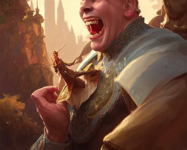 Image similar to david lister laughing at arnold rimmer, deep focus, d & d, fantasy, intricate, elegant, highly detailed, digital painting, artstation, concept art, matte, sharp focus, illustration, hearthstone, art by artgerm and greg rutkowski and alphonse mucha