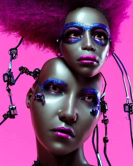 Image similar to portrait of a beautiful black woman with pink hair as a cyberpunk cyborg half robot, revealing wires and electronics, hooked - up, sci - fi, missing panels, intricate abstract upper body intricate artwork, concept art, octane render, deviantart, cinematic, key art, hyperrealism, iridescent accents, portrait photograph, nikon 3 5 mm, photograph by greg rutkowski