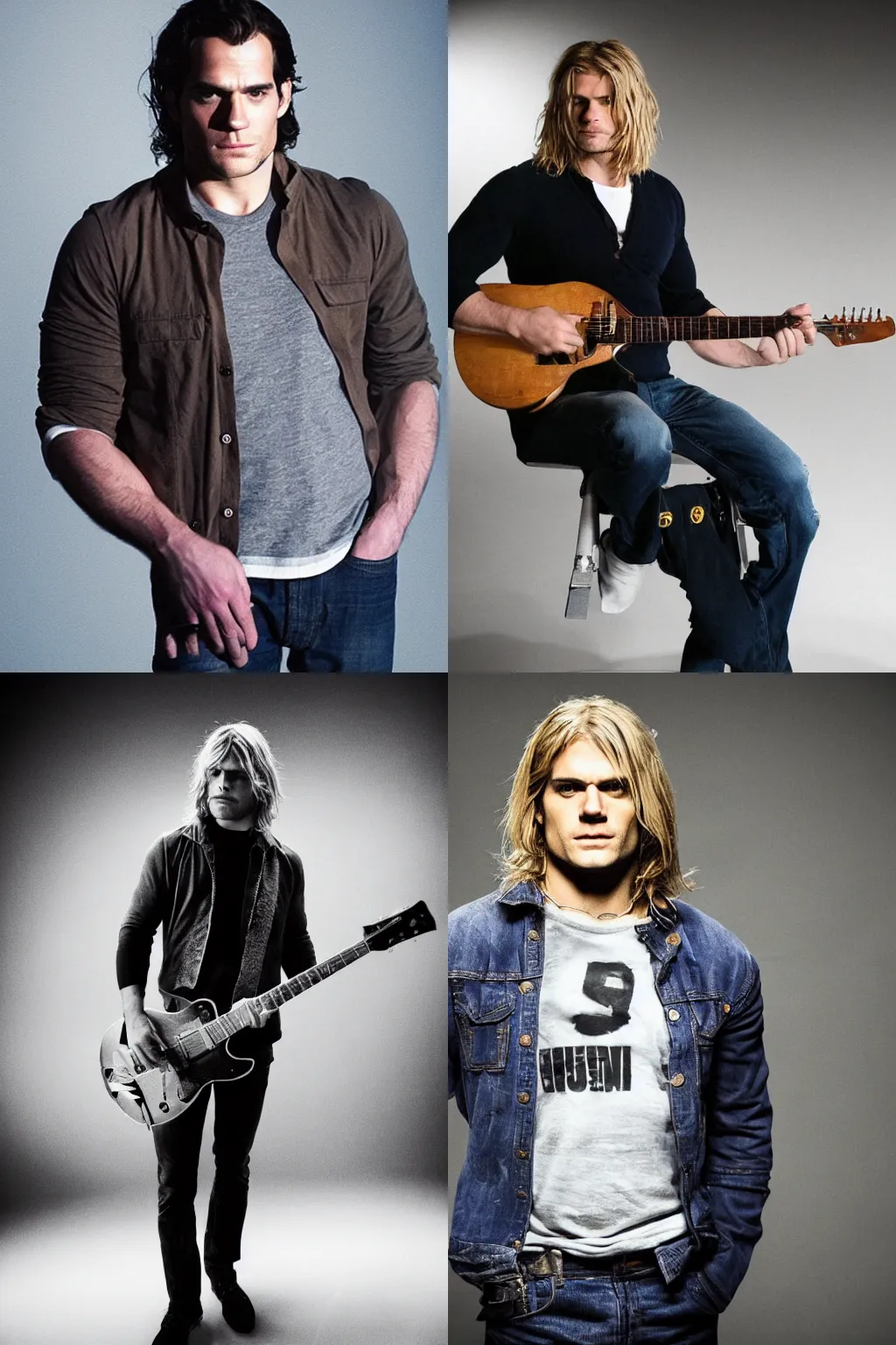 Prompt: Henry Cavill as Kurt Cobain , promo shoot, studio lighting