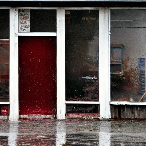 Image similar to an abandoned store's exterior in the middle of nowhere, by saul leiter, ultra detailed, rainy, beautiful