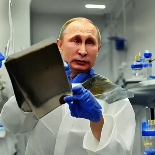 Image similar to vladimir putin in hazmat suit in a lab with blue crystals
