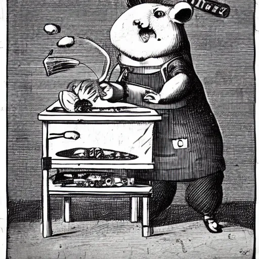 Image similar to a hamster with an evil face, working in a butcher shop, holds knives in his hands. drawing. front view.