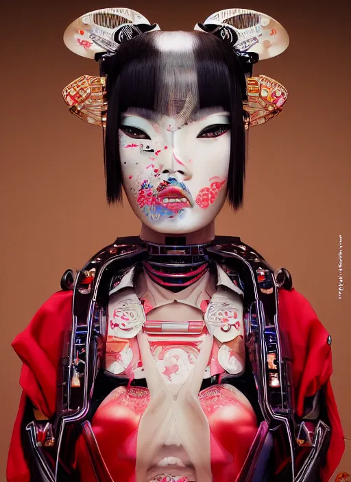 Prompt: portrait of a stylish futuristic geisha cyborg, with a red kimono with japanese golden signs written on it, kintsugi, modern fine art, fractal, intricate, elegant, highly detailed, digital photography, subsurface scattering, in the style of ghost, by yue minjun and greg rutkowski,